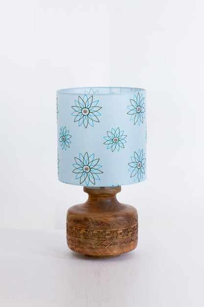 Kanpur Carved Wooden Table Lamp Base with Drum Lamp Shade  (30cm wide x 30cm High) P45 ~ Embroidered Aqua