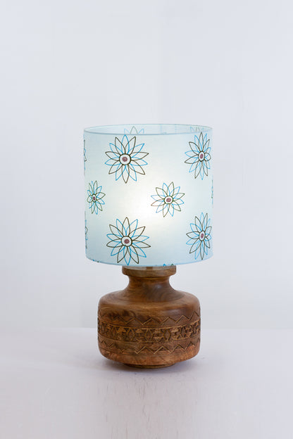 Kanpur Carved Wooden Table Lamp Base with Drum Lamp Shade  (30cm wide x 30cm High) P45 ~ Embroidered Aqua