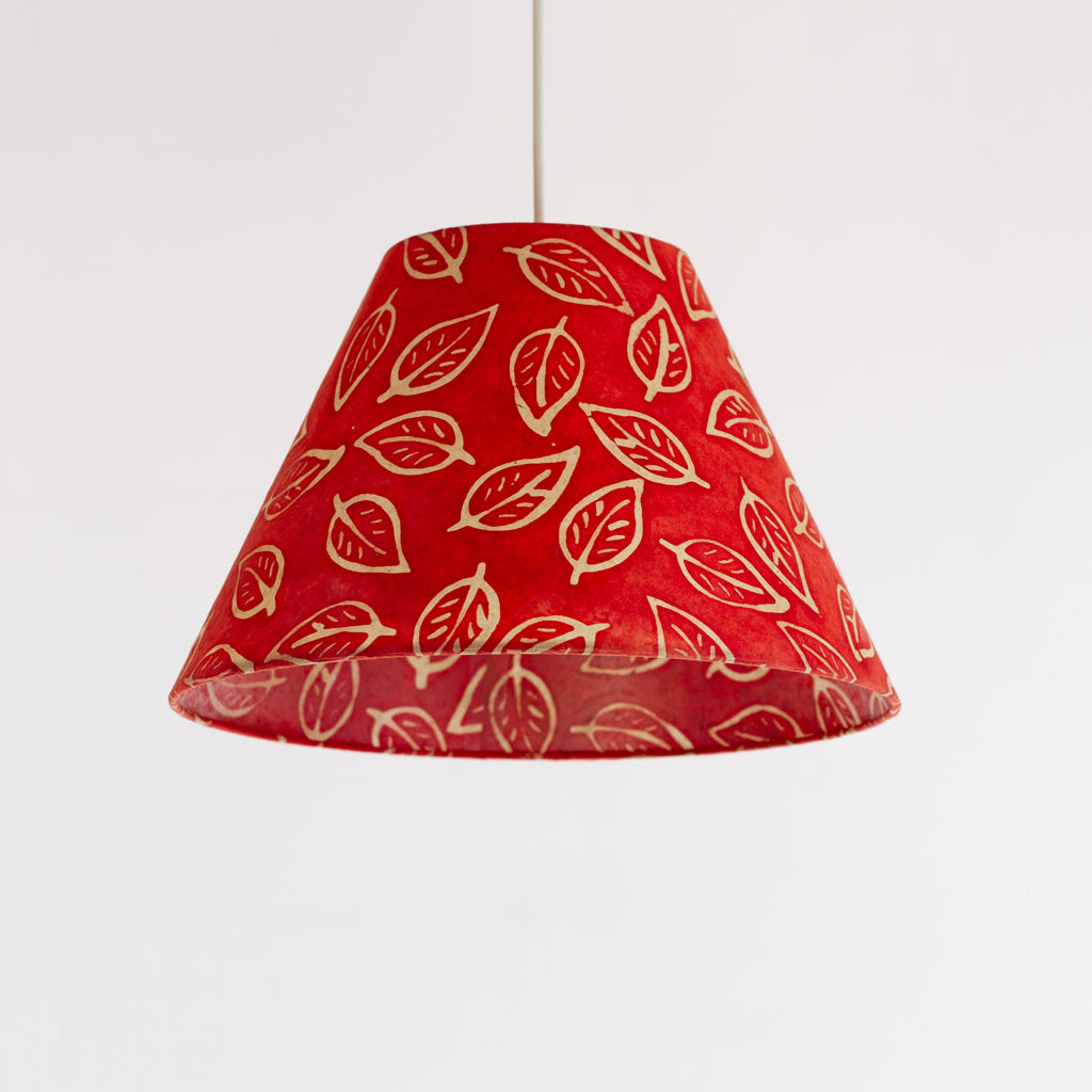 Conical Lamp Shade - P30 - Batik Leaf on Red, 15cm Top, 35cm Bottom, 22cm Height