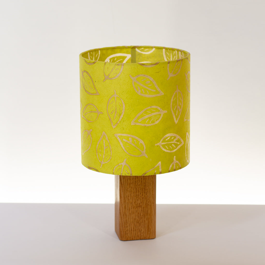 Square Oak Table Lamp with 20cm Drum Lamp Shade B117 - Batik Leaf Lime
