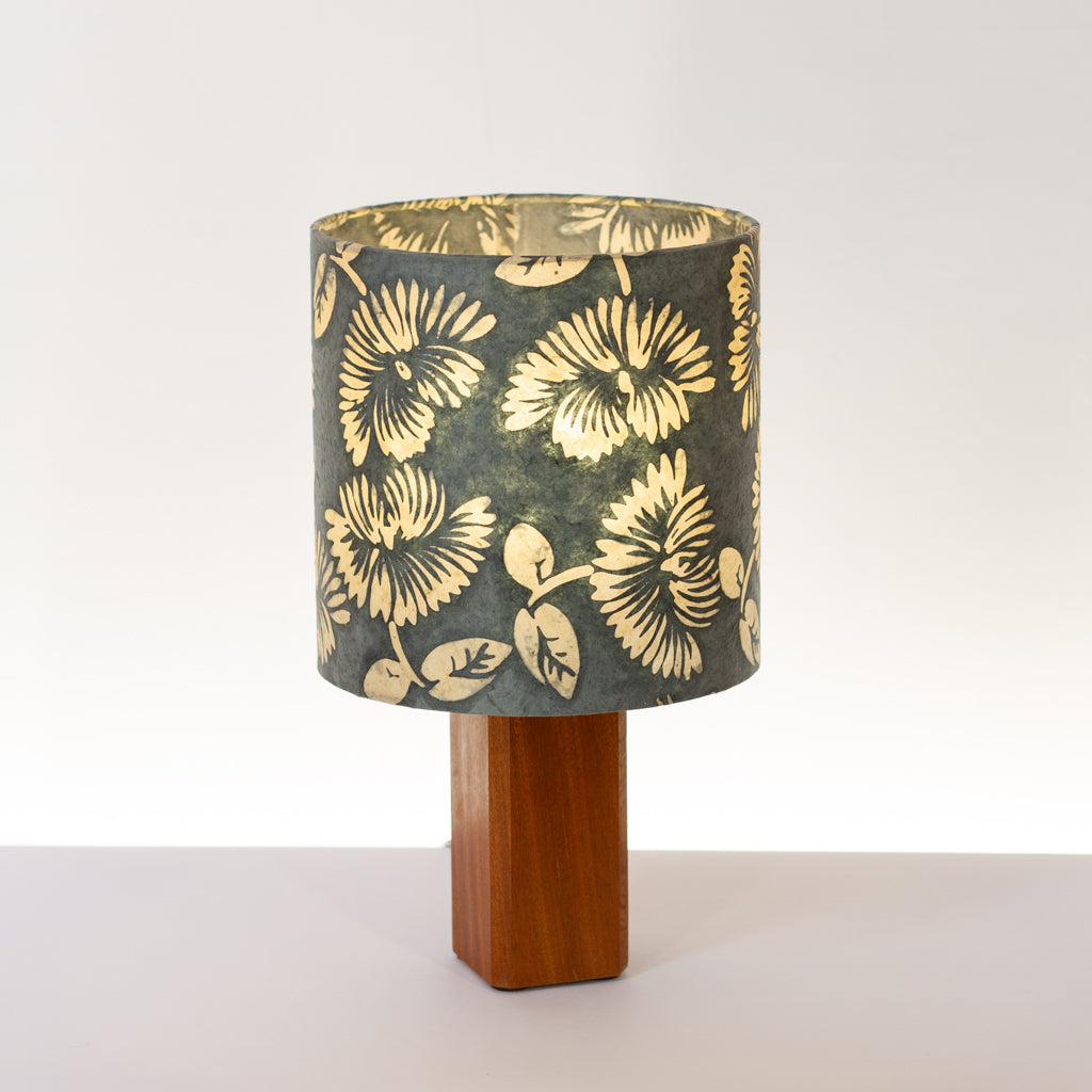 Square Sapele Table Lamp with 20cm Drum Lamp Shade B119 ~ Batik Peony Grey