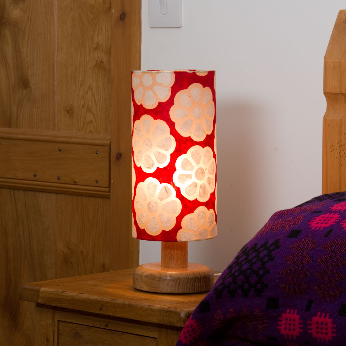 Round Oak Table Lamp (15cm) with 15cm x 30cm Lamp Shade in Batik Big Flowers Red P18