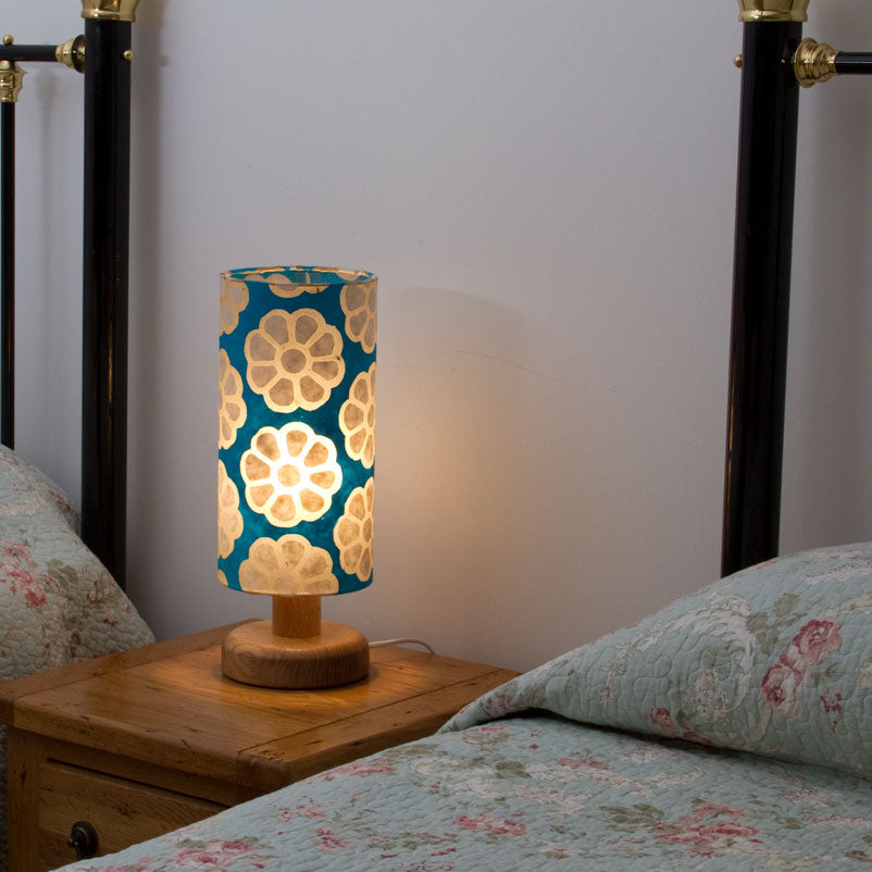 Round Oak Table Lamp (15cm) with 15cm x 30cm Lamp Shade in Batik Big Flowers Teal P23