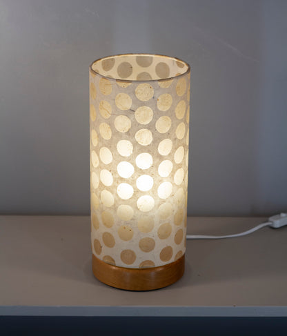 Flat Round Oak Table Lamp with 15cm x 30cm Lampshade in P85 ~ Batik Dots on Natural