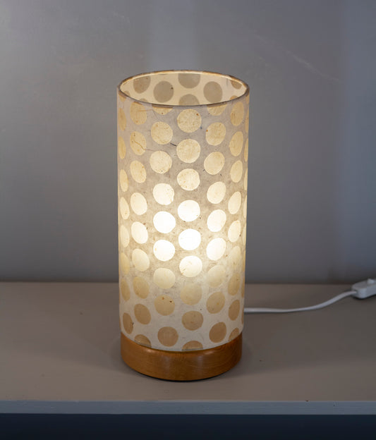 Flat Round Oak Table Lamp with 15cm x 30cm Lampshade in P85 ~ Batik Dots on Natural