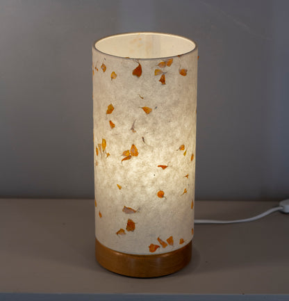 Flat Round Oak Table Lamp with 15cm x 30cm Lampshade in P32 ~ Marigold Petals