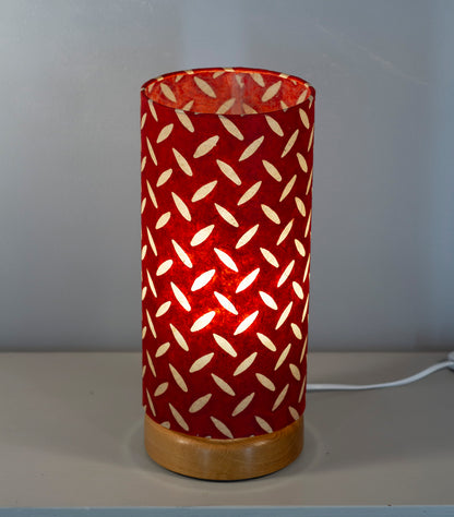 Flat Round Oak Table Lamp with 15cm x 30cm Lampshade in P90 ~ Batik Tread Plate Red