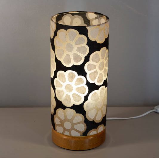 Flat Round Oak Table Lamp with 15cm x 30cm Lampshade in P24 ~ Batik Big Flower on Black