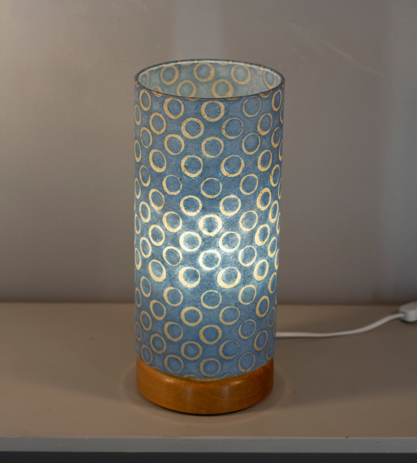 Flat Round Oak Table Lamp with 15cm x 30cm Lampshade in P72 ~ Batik Blue Circles