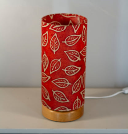 Flat Round Oak Table Lamp with 15cm x 30cm Lampshade in P30 ~ Batik Leaf on Red