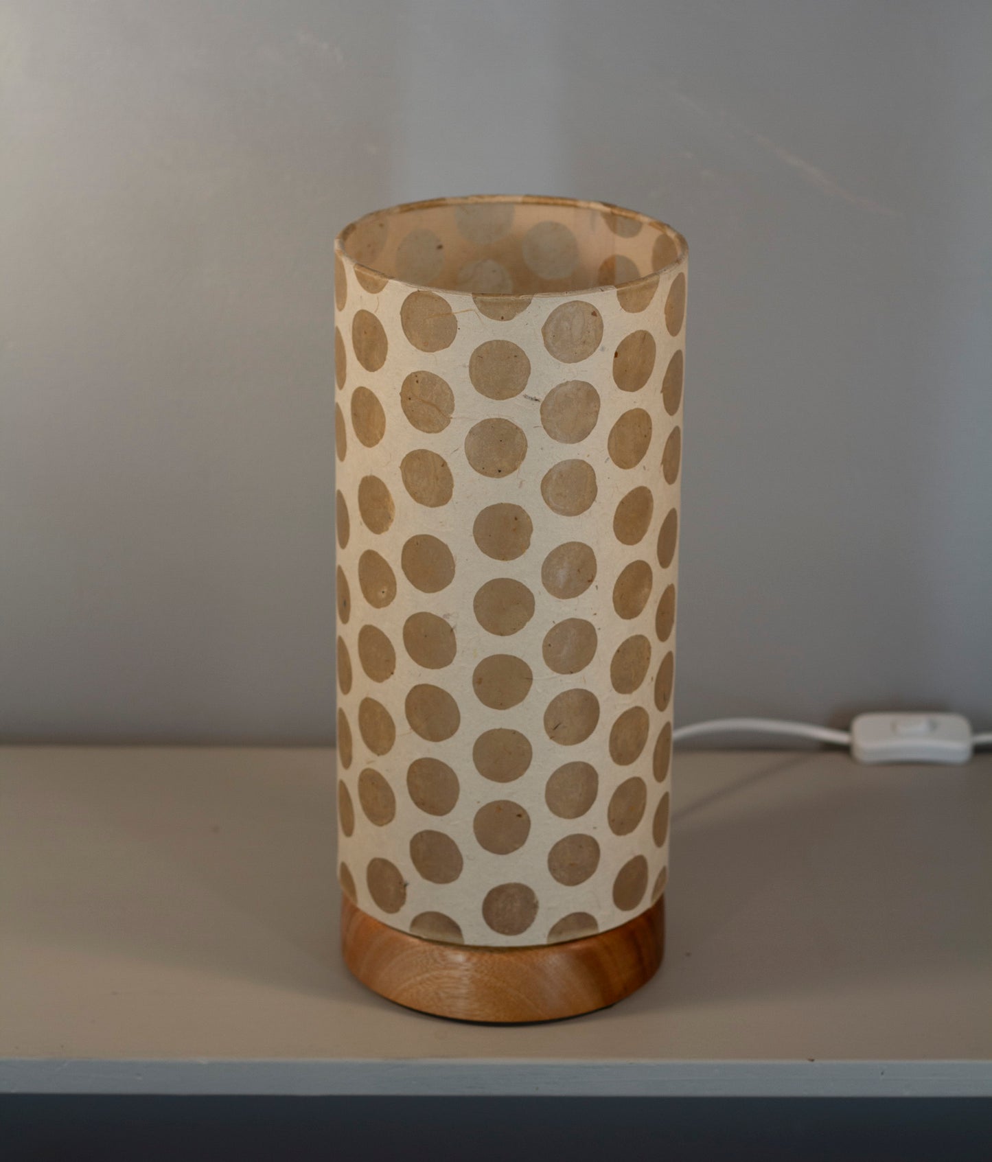 Flat Round Sapele Table Lamp with 15cm x 30cm Lampshade in P85 ~ Batik Dots on Natural