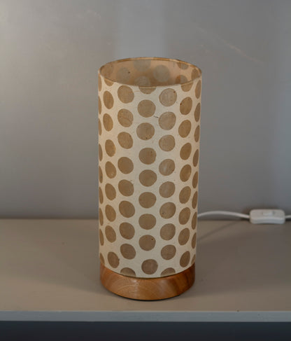 Flat Round Sapele Table Lamp with 15cm x 30cm Lampshade in P85 ~ Batik Dots on Natural