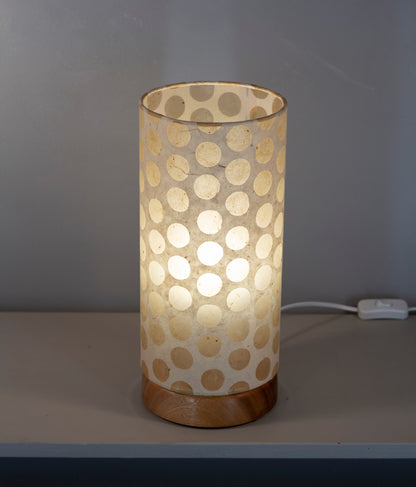 Flat Round Sapele Table Lamp with 15cm x 30cm Lampshade in P85 ~ Batik Dots on Natural