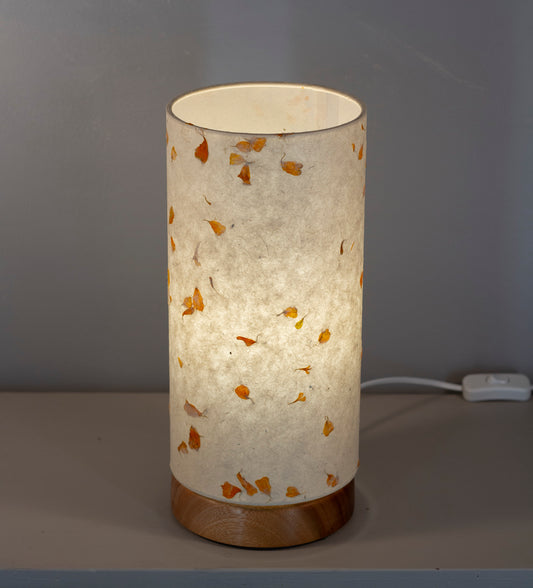 Flat Round Sapele Table Lamp with 15cm x 30cm Lampshade in P32 ~ Marigold Petals