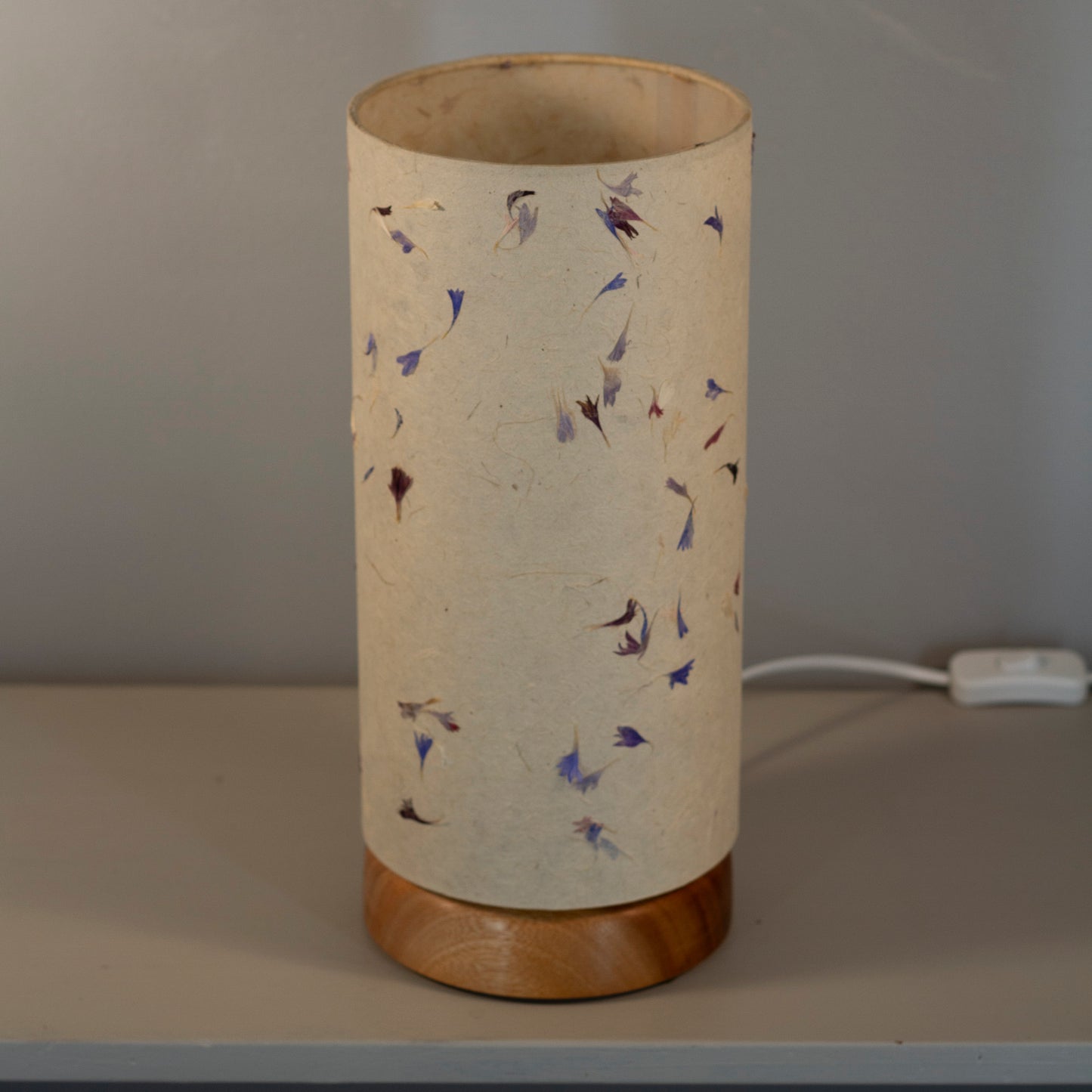 Flat Round Sapele Table Lamp with 15cm x 30cm Lampshade in P34 ~ Cornflower Petals