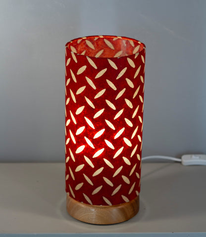 Flat Round Sapele Table Lamp with 15cm x 30cm Lampshade in P90 ~ Batik Tread Plate Red