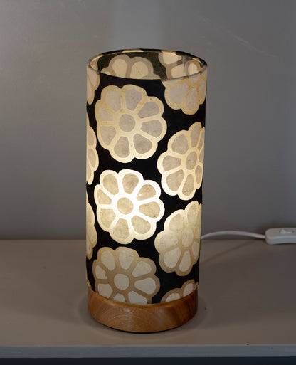 Flat Round Sapele Table Lamp with 15cm x 30cm Lampshade in P24 ~ Batik Big Flower on Black