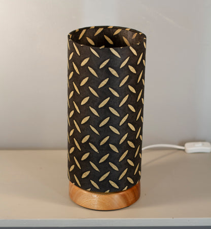 Flat Round Sapele Table Lamp with 15cm x 30cm Lampshade in P11 ~ Batik Tread Plate Black