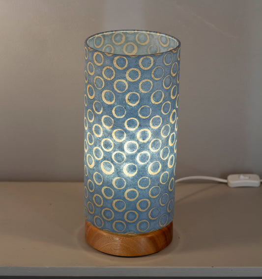 Flat Round Sapele Table Lamp with 15cm x 30cm Lampshade in P72 ~ Batik Blue Circles