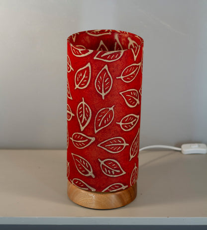 Flat Round Sapele Table Lamp with 15cm x 30cm Lampshade in P30 ~ Batik Leaf on Red