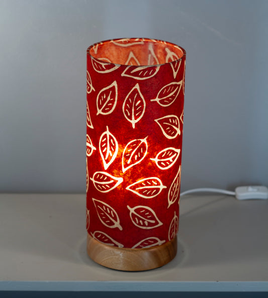 Flat Round Sapele Table Lamp with 15cm x 30cm Lampshade in P30 ~ Batik Leaf on Red