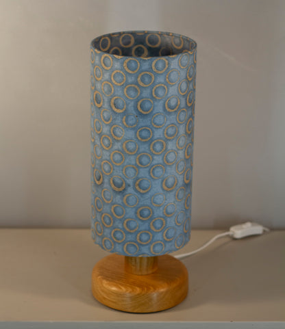 Round Oak Table Lamp with 15cm x 30cm Lampshade in P72 ~ Batik Blue Circles