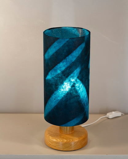 Round Oak Table Lamp with 15cm x 30cm Lampshade in P99 - Resistance Dyed Teal Bamboo