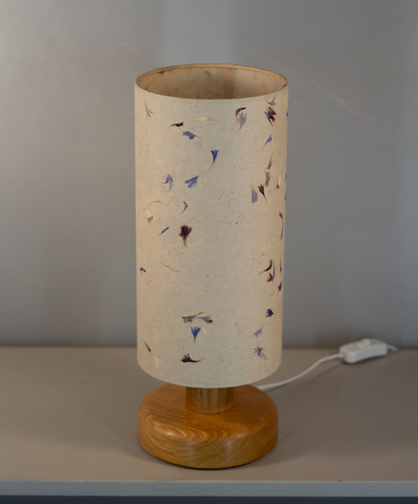 Round Oak Table Lamp with 15cm x 30cm Lampshade in P34 ~ Cornflower Petals