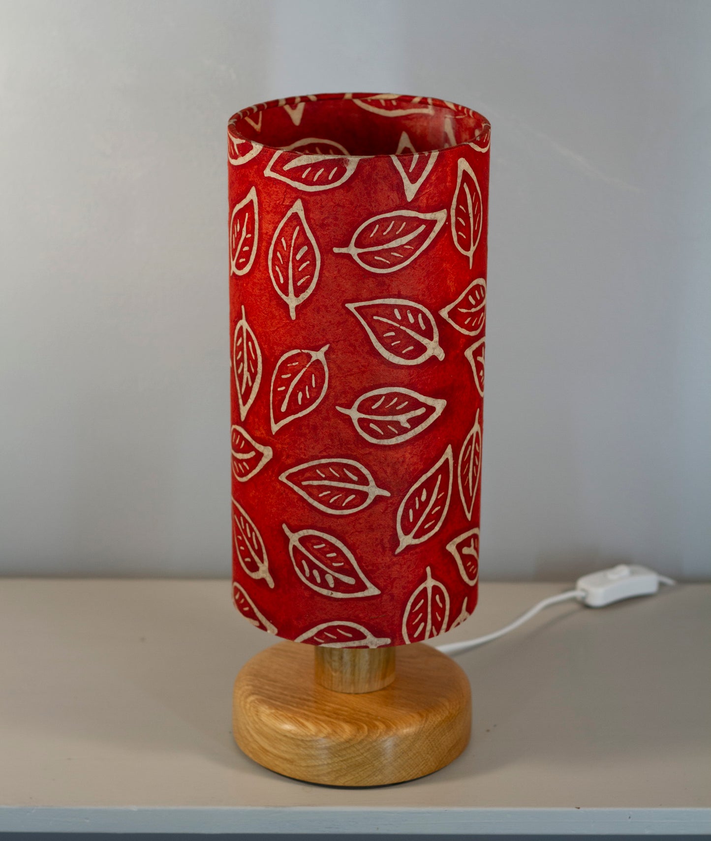 Round Oak Table Lamp with 15cm x 30cm Lampshade in P30 ~ Batik Leaf on Red
