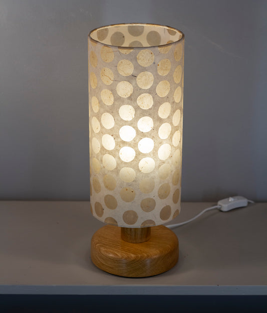 Round Oak Table Lamp with 15cm x 30cm Lampshade in P85 ~ Batik Dots on Natural