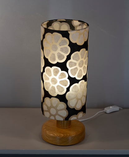 Round Oak Table Lamp with 15cm x 30cm Lampshade in P24 ~ Batik Big Flower on Black