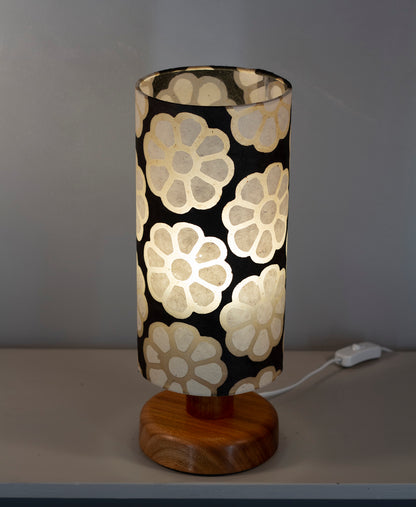 Round Sapele Table Lamp with 15cm x 30cm Lampshade in P24 ~ Batik Big Flower on Black
