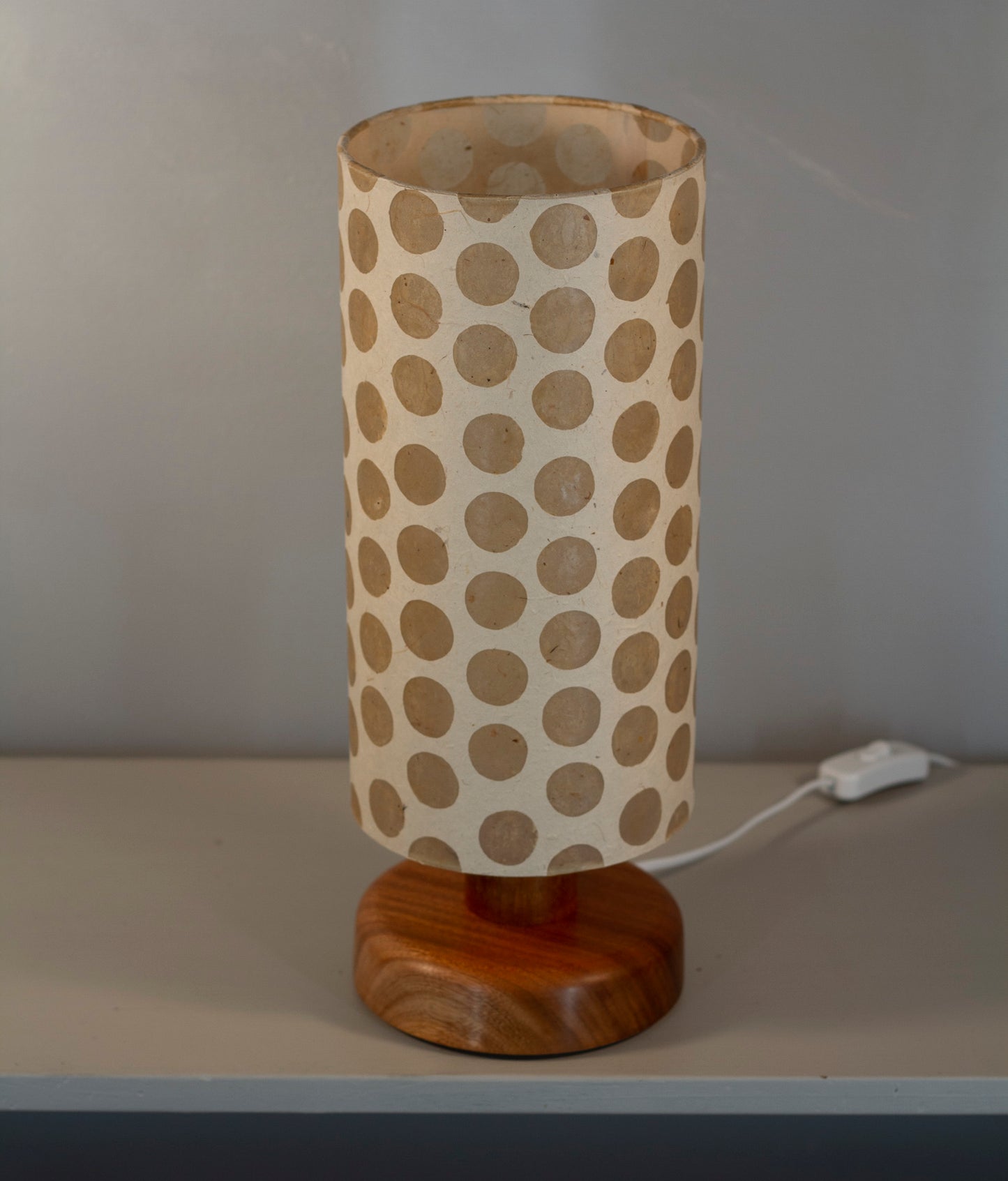Round Sapele Table Lamp with 15cm x 30cm Lampshade in P85 ~ Batik Dots on Natural