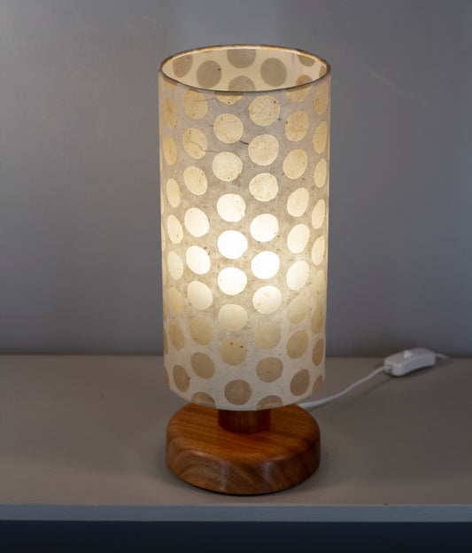 Round Sapele Table Lamp with 15cm x 30cm Lampshade in P85 ~ Batik Dots on Natural