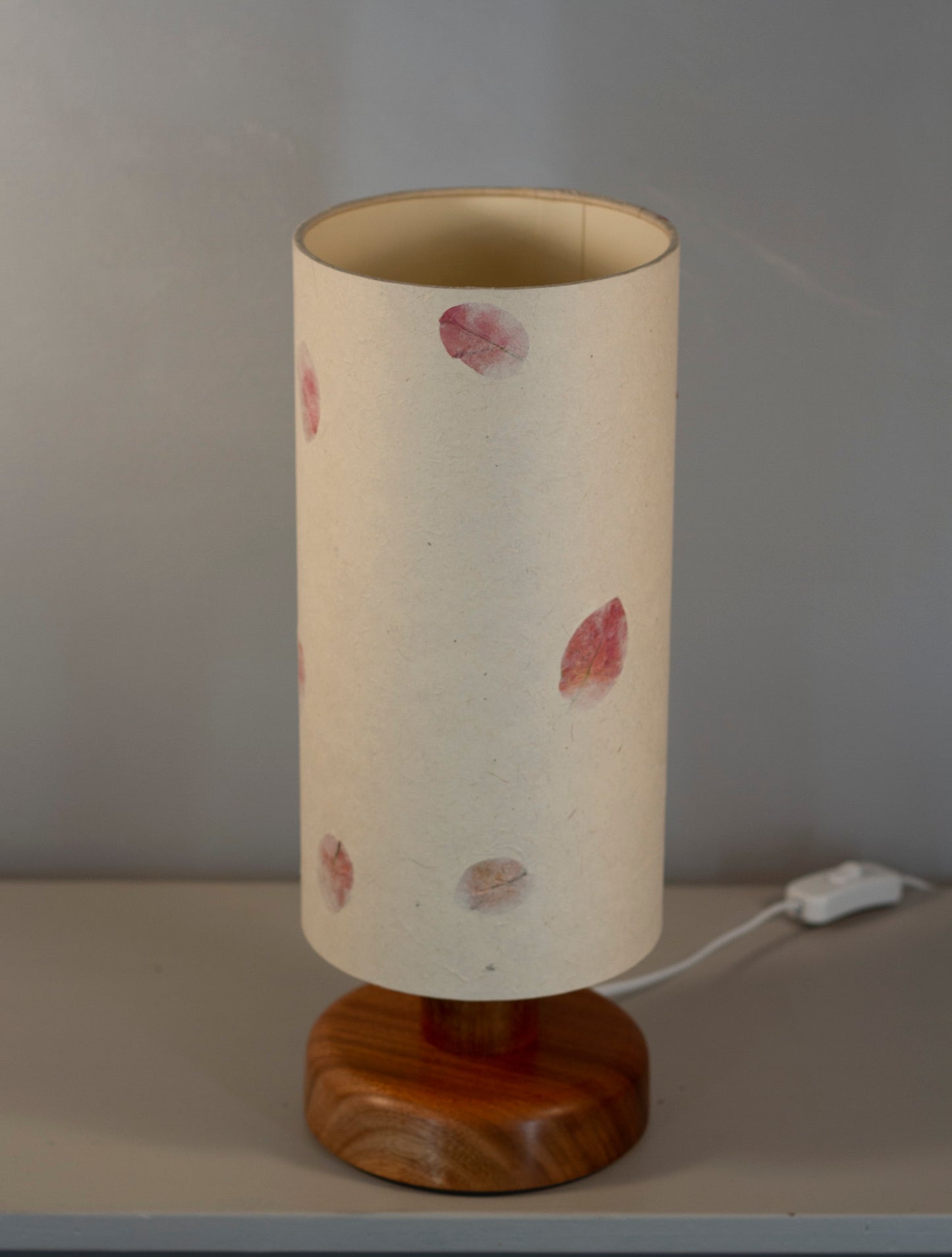 Round Sapele Table Lamp with 15cm x 30cm Lampshade in P33 ~ Rose Petals