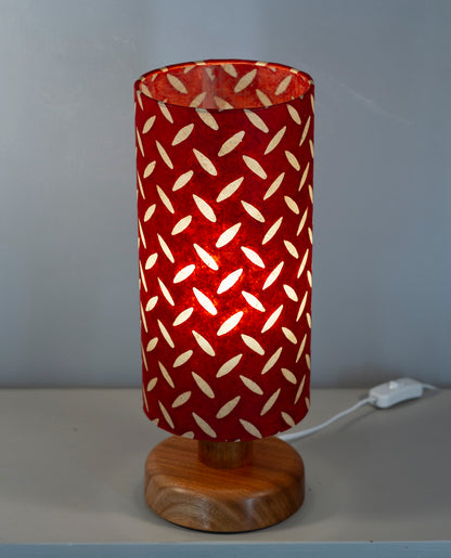 Round Sapele Table Lamp with 15cm x 30cm Lampshade in P90 ~ Batik Tread Plate Red