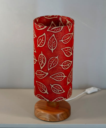 Round Sapele Table Lamp with 15cm x 30cm Lampshade in P30 ~ Batik Leaf on Red