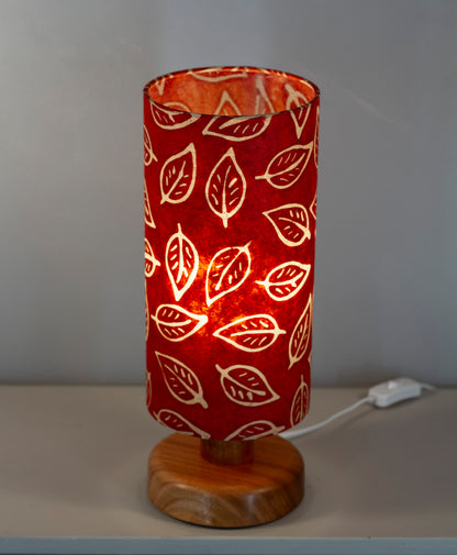 Round Sapele Table Lamp with 15cm x 30cm Lampshade in P30 ~ Batik Leaf on Red
