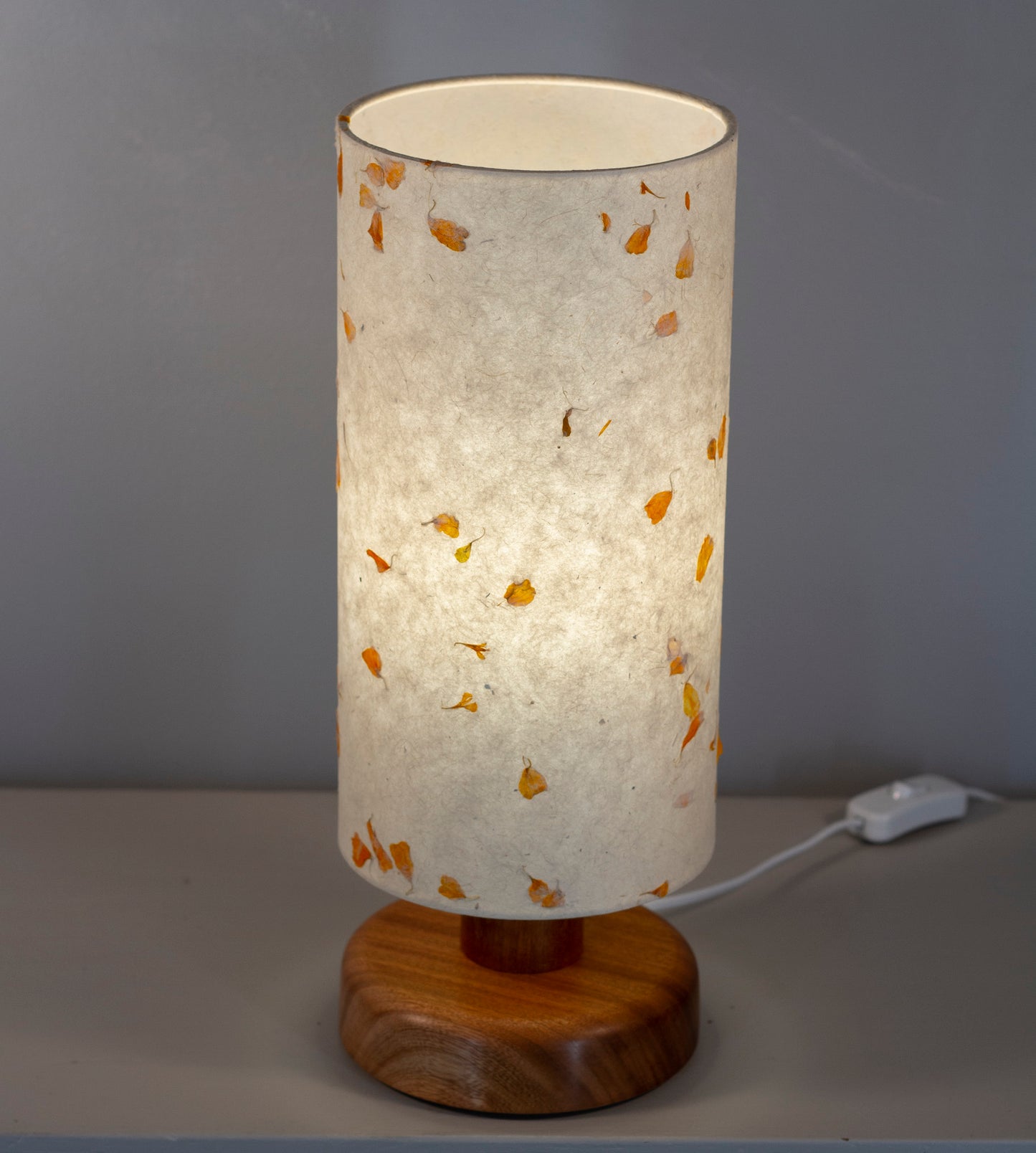 Round Sapele Table Lamp with 15cm x 30cm Lampshade in P32 ~ Marigold Petals