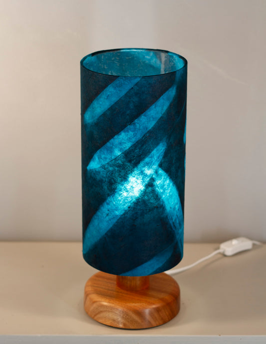 Round Sapele Table Lamp with 15cm x 30cm Lamp Shade in P99 - Resistance Dyed Teal Bamboo