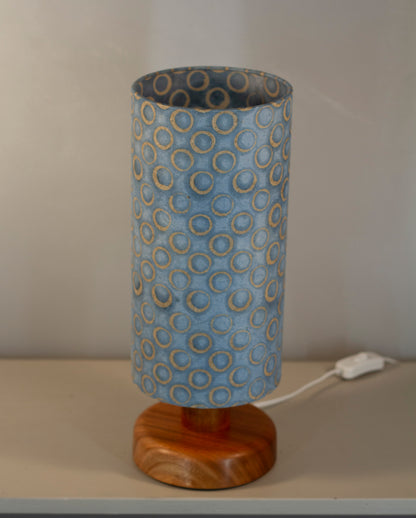 Round Sapele Table Lamp with 15cm x 30cm Lampshade in P72 ~ Batik Blue Circles