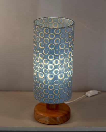 Round Sapele Table Lamp with 15cm x 30cm Lampshade in P72 ~ Batik Blue Circles
