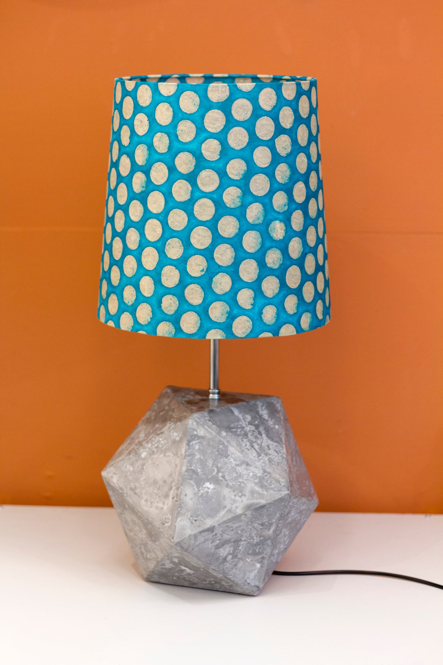 Icosahedron Grey Table Lamp with a Cyan Dots French Drum Lamp Shade