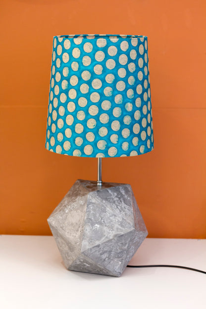 Icosahedron Grey Table Lamp with a Cyan Dots French Drum Lamp Shade