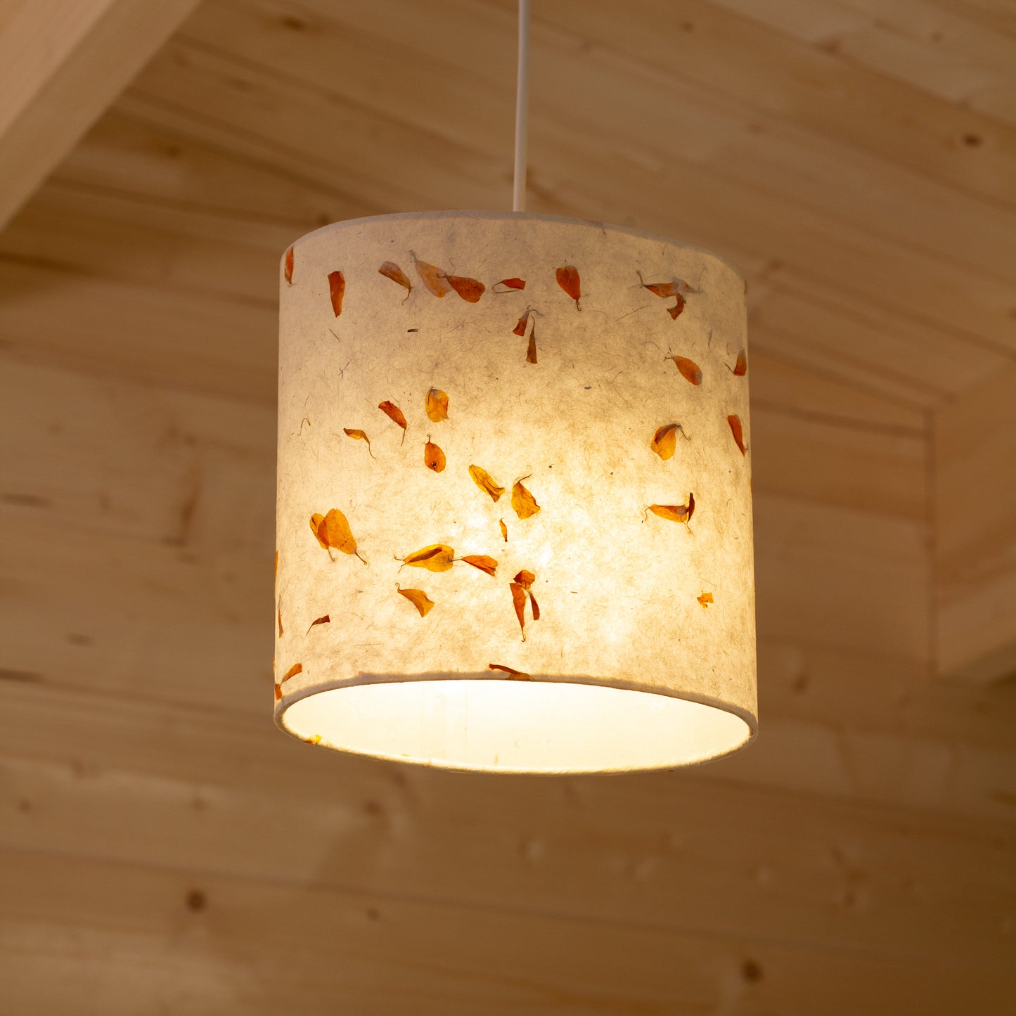 Oval Lamp Shade - P32 - Marigold Petals on Natural Lokta, 20cm(w) x 20cm(h) x 13cm(d)