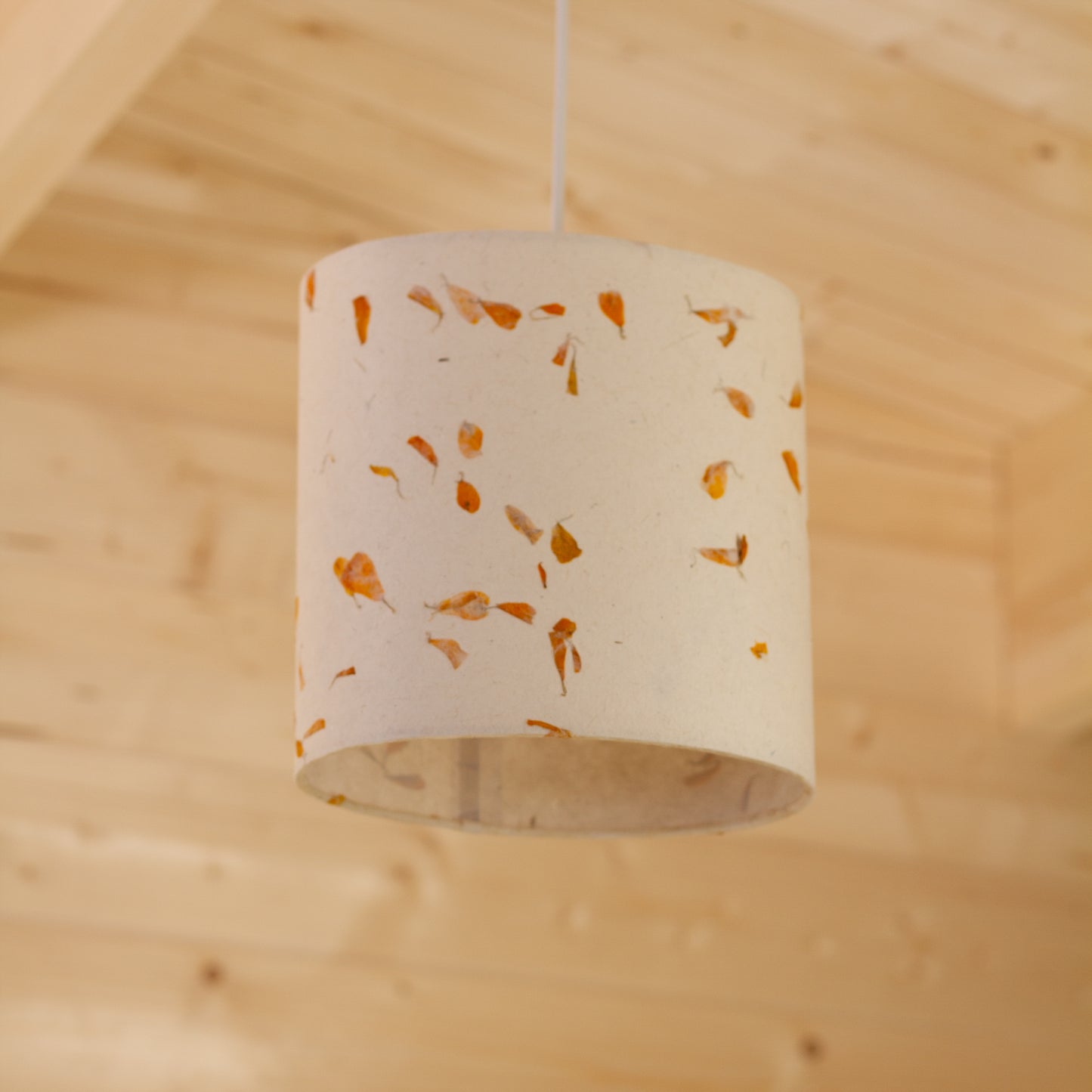 Oval Lamp Shade - P32 - Marigold Petals on Natural Lokta, 20cm(w) x 20cm(h) x 13cm(d)