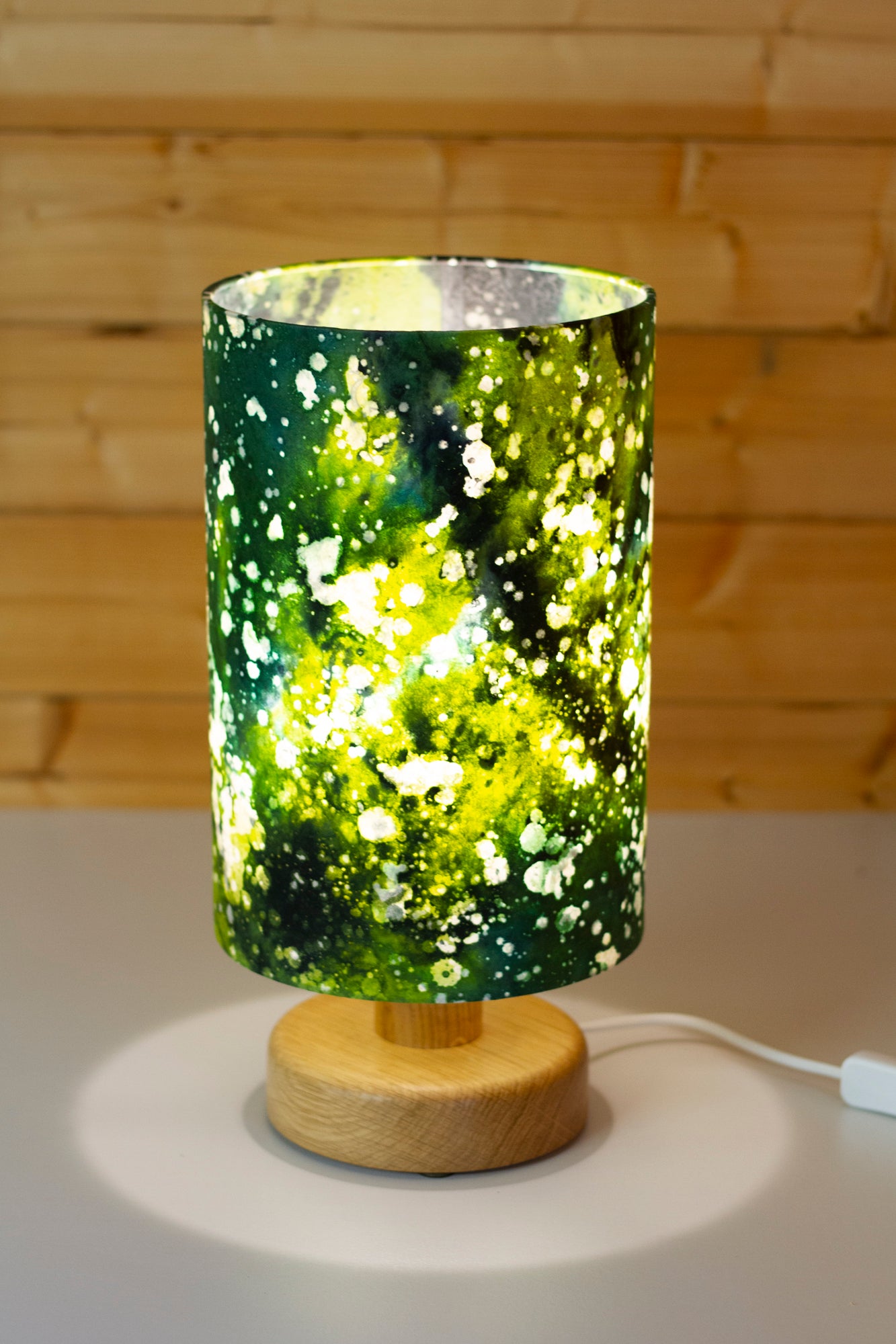 Round Oak Table Lamp with 20cm x 30cm Lamp Shade in B114 ~ Batik Canopy Greens
