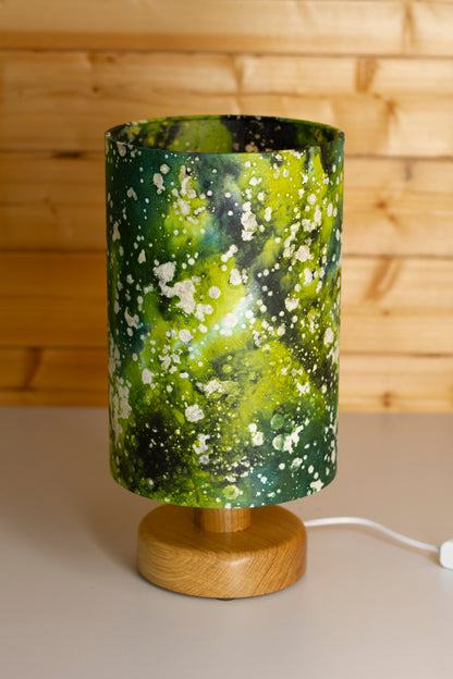 Round Oak Table Lamp with 20cm x 30cm Lamp Shade in B114 ~ Batik Canopy Greens