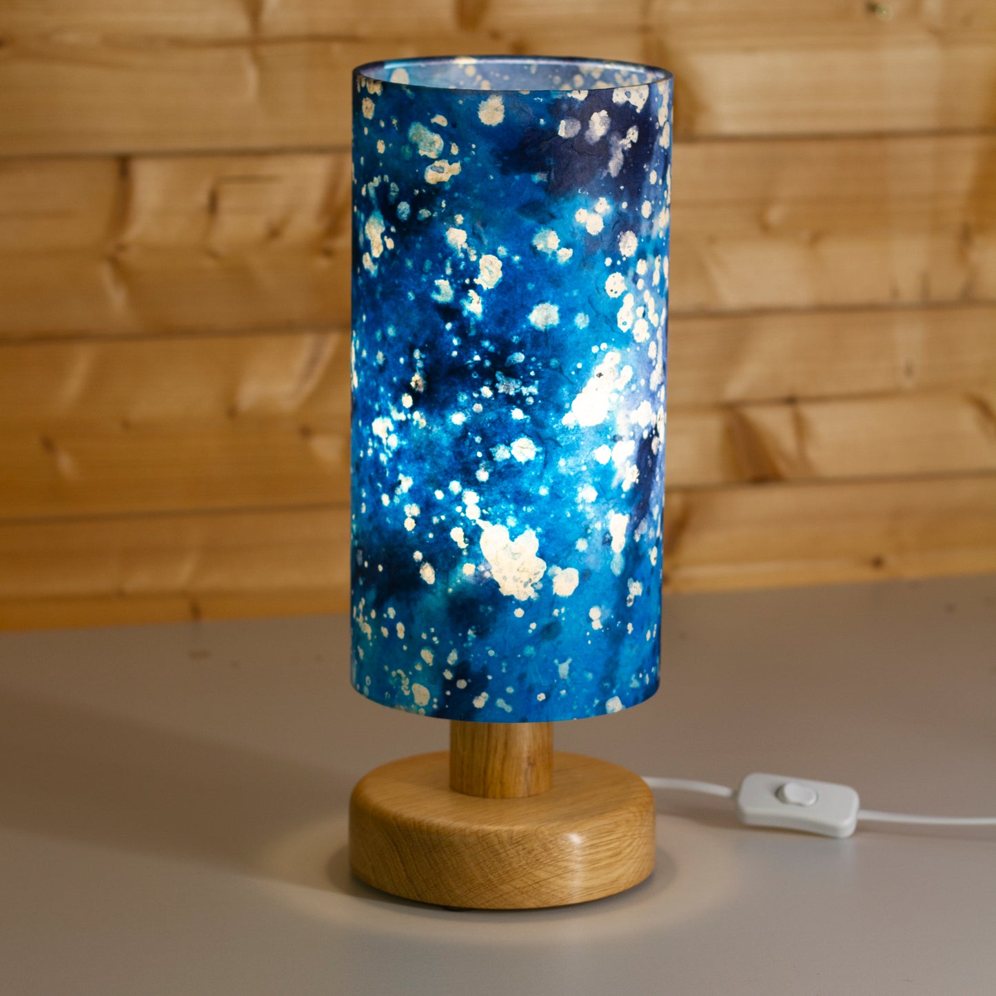 Round Oak Table Lamp (15cm) with 15cm x 30cm Lamp Shade in B113 ~ Batik Ocean Blues