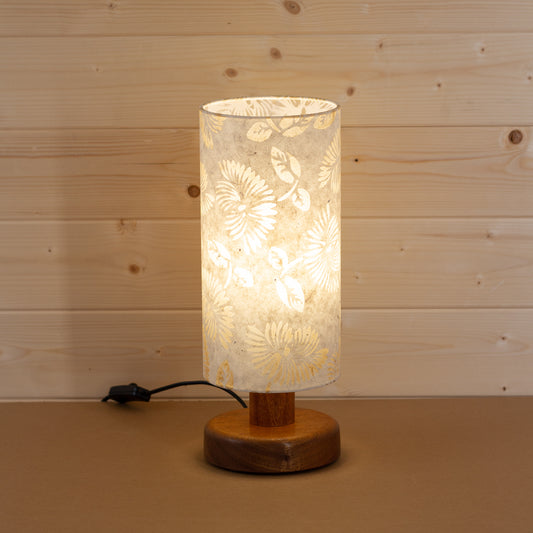Round Sapele Table Lamp (15cm) with 15cm x 30cm Lamp Shade in P09 ~ Batik Peony on Natural